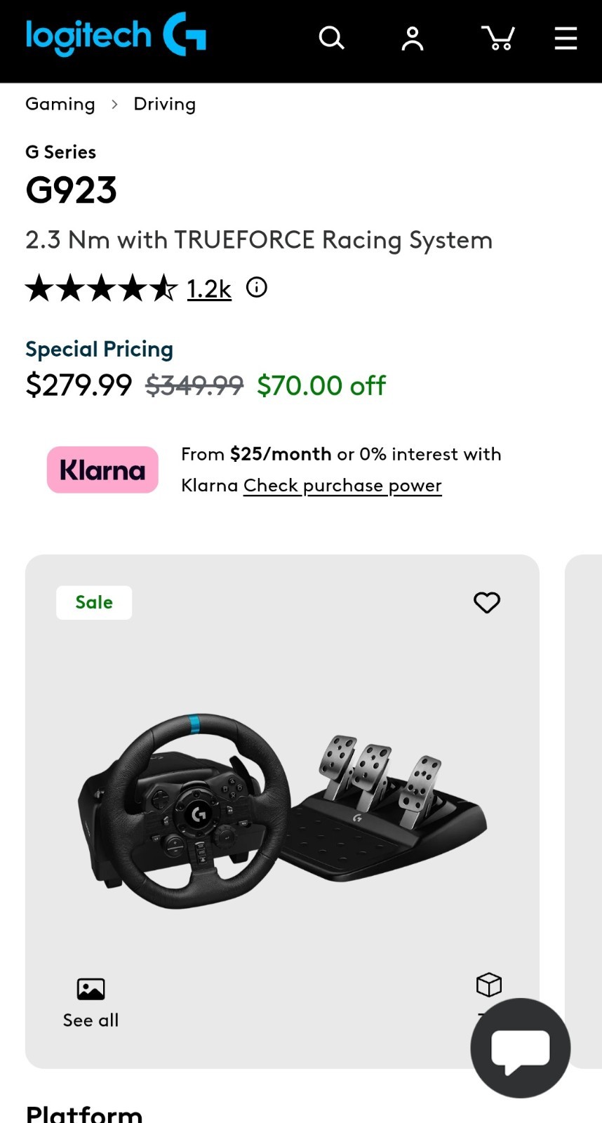 Logitech G923 Racing Wheel and Pedals Set – Wired Black Racing Wheel Controller