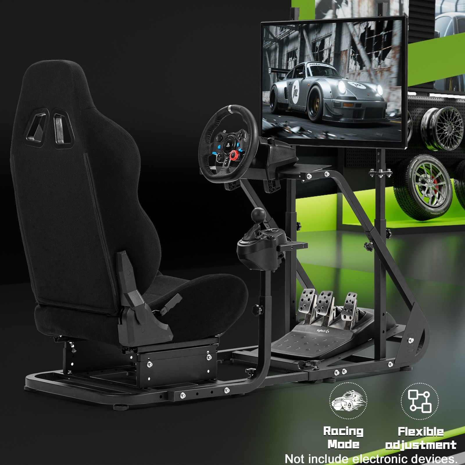 Hottoby Racing Simulator Cockpit With Black Seat & Monitor Stand Fits Logitech