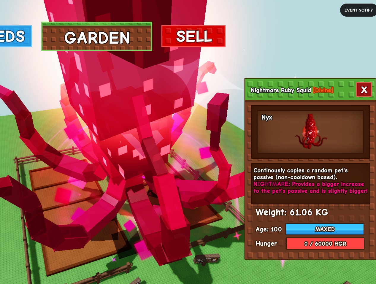 Huge Nightmare Ruby Squid 61.06Kg! – Grow A Garden Pets – Roblox – Fast & Easy!