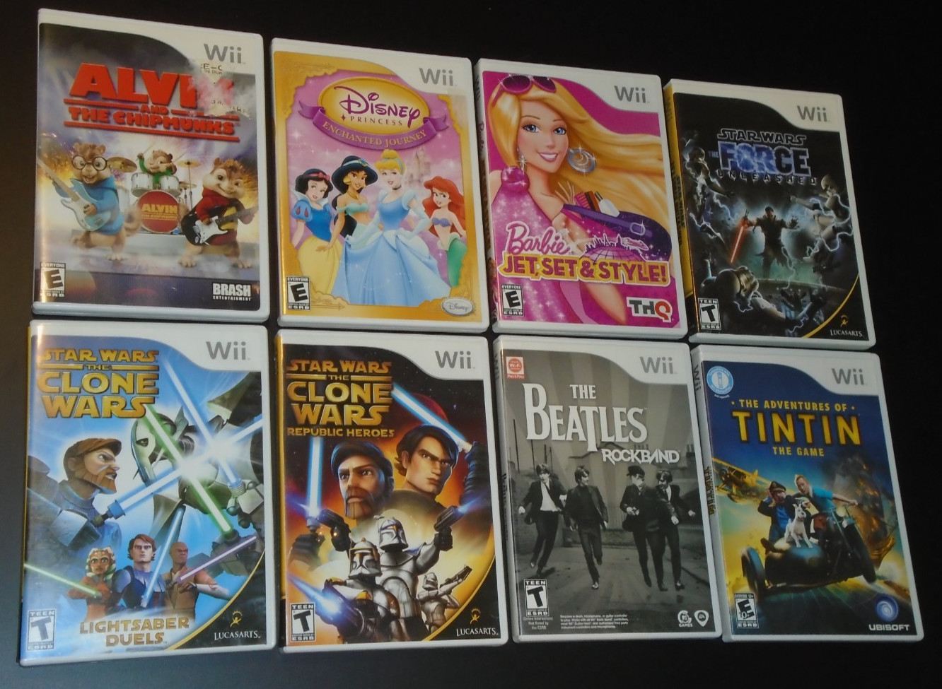 8x Nintendo Wii game: Beatles, Tintin, Barbie, Star Wars, Alvin, Disney Princess