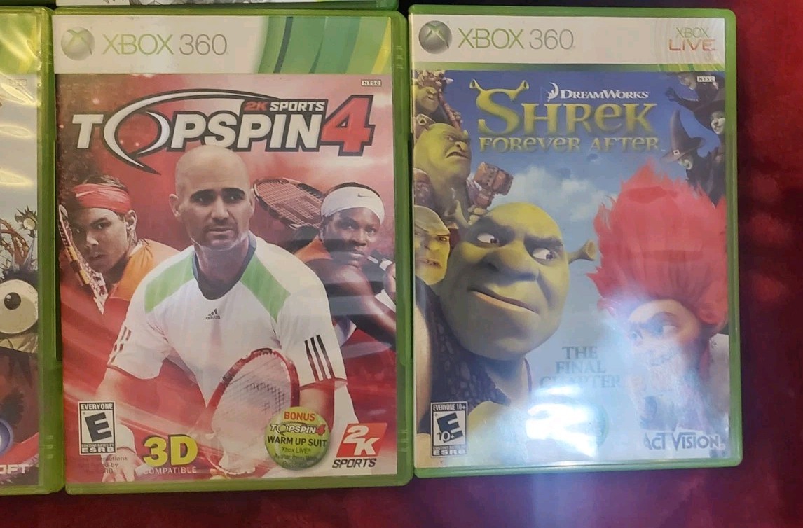 Lot of 7 Xbox 360 games Shrek Terraria Rayman Origins Hunted De Blob 2, Top Spin