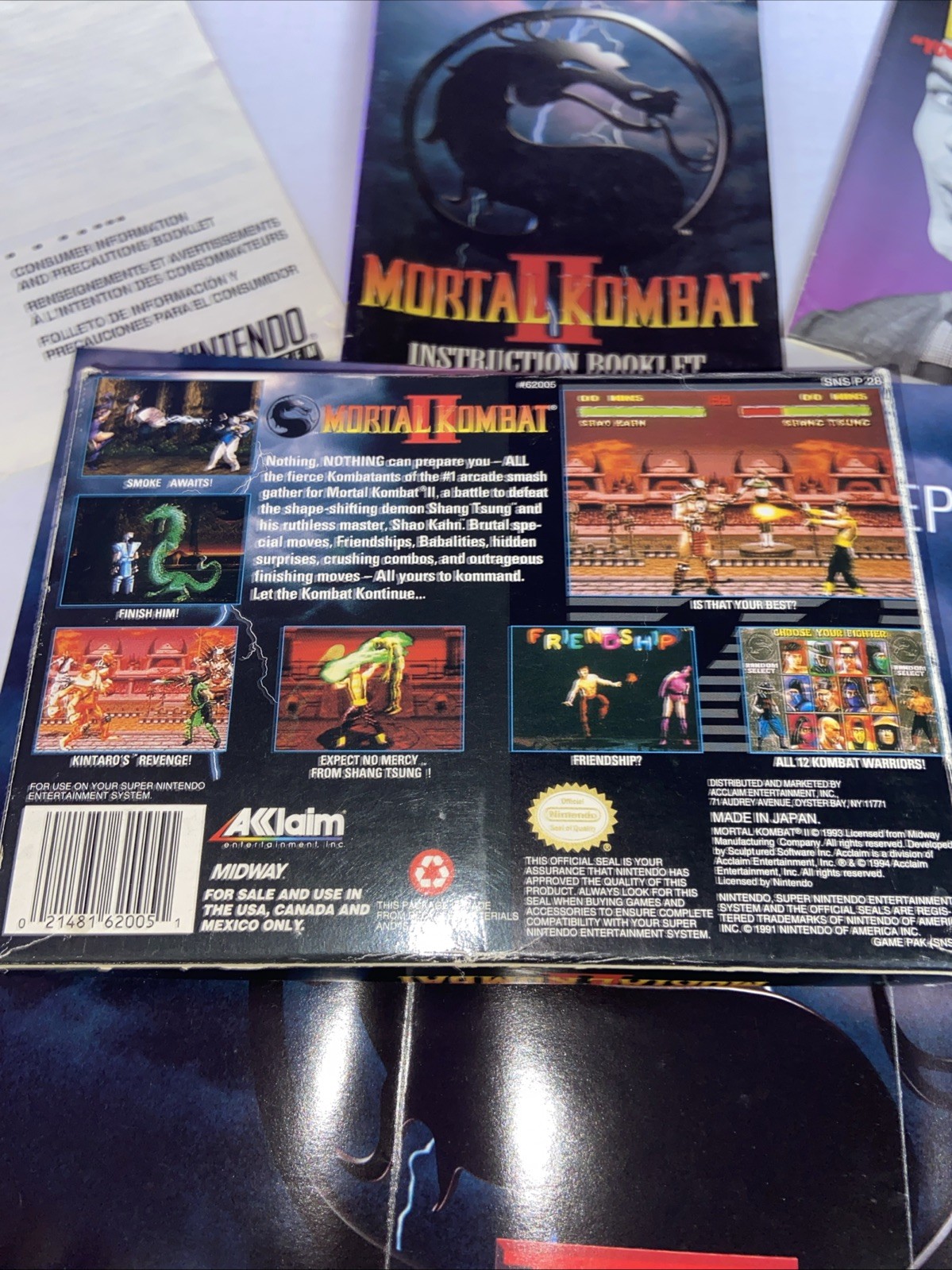 Vintage 1994 Mortal Kombat 2 Super Nintendo Snes W/ Box, Manual, & Poster