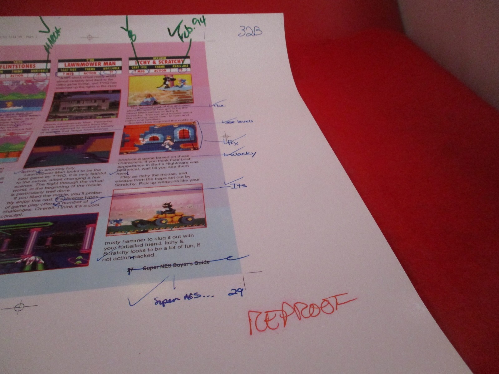Super NES Buyer’s Guide Magazine Prototype Sheet Flintstones Itchy Scratchy Lawn