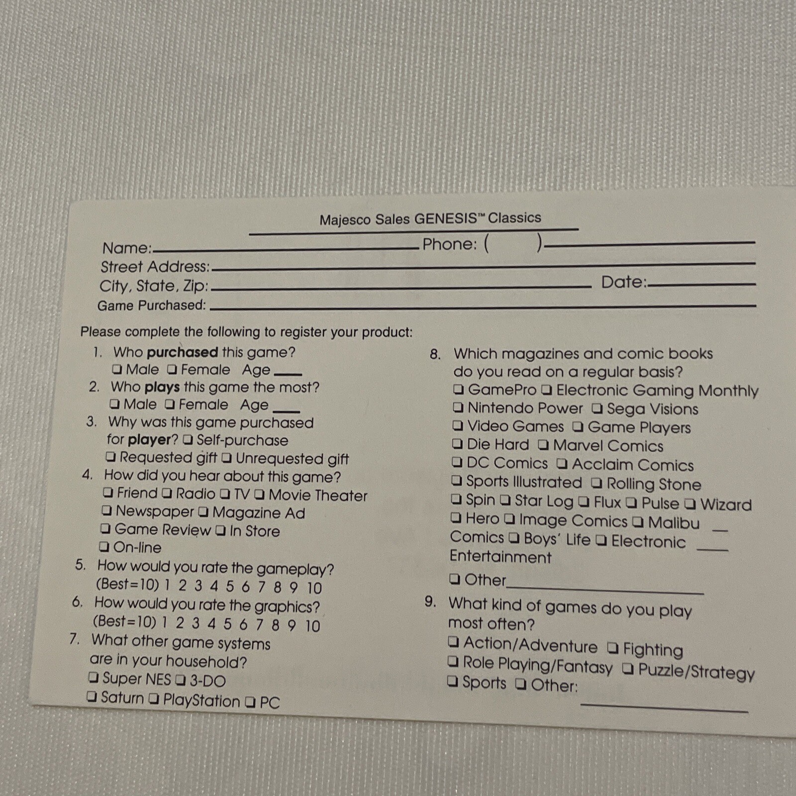 Vintage SEGA Genesis Classics MAJESCO Game Warranty Registration Card Insert