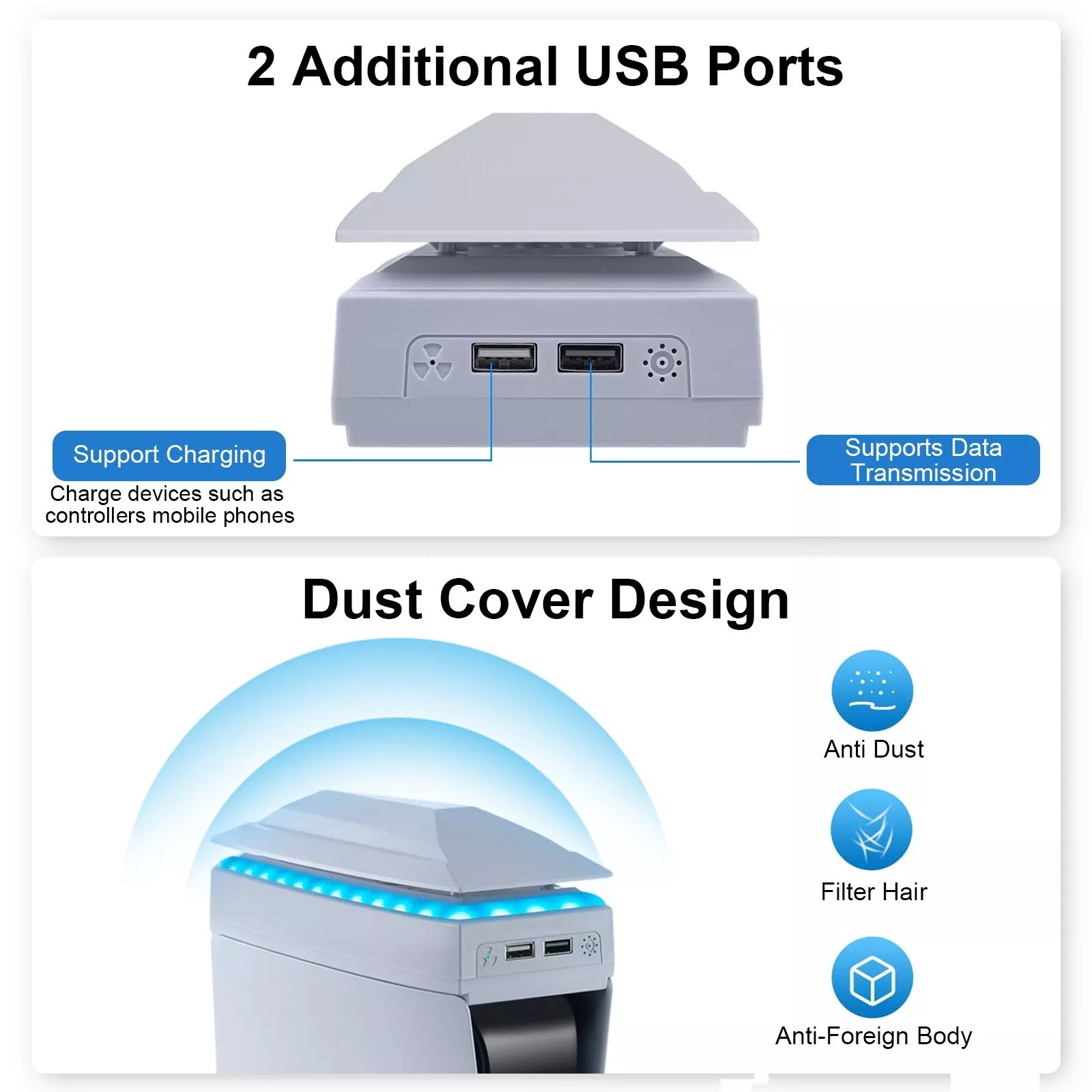 USB Cooling Fan for PS5 Slim Disc/Digital Dustproof Cooler w/8 Modes Light-