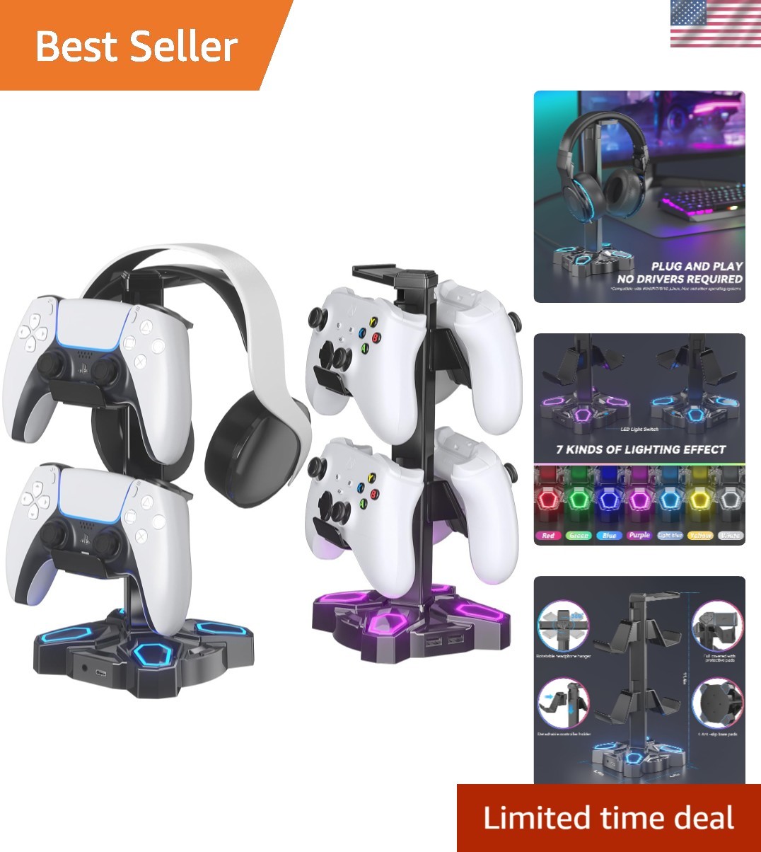 Stylish Rotating Gaming Headphone & Controller Holder with RGB Lights – Black