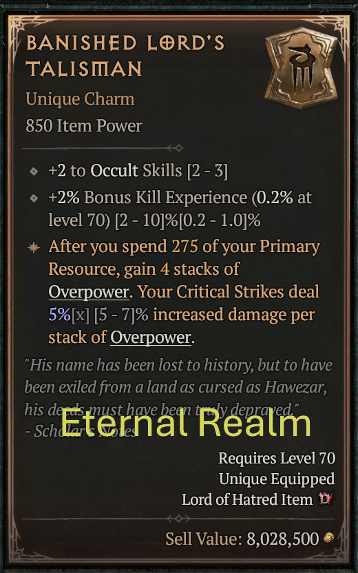 Diablo 4 Eternal Realm Warlock Charm Banished Lord’s Talisman 2 To Occult Skills