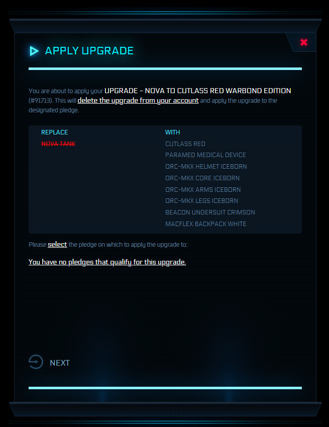 STAR CITIZEN – NOVA TO CUTLASS RED WARBOND UPGRADE (CCU) PLUS MEDICAL CAREER KIT