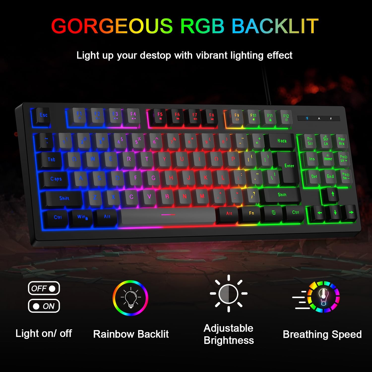 BlueFinger RGB 87 Keys Gaming Keyboard and Backlit Mouse Wired, Black & Gray