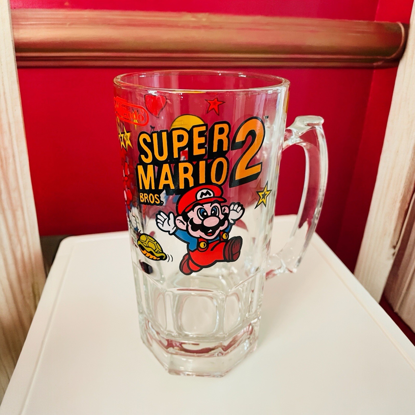 Nintendo Super Mario Bros 1989 Vntge Beer Stein Mug Glass Original Oversized 8″