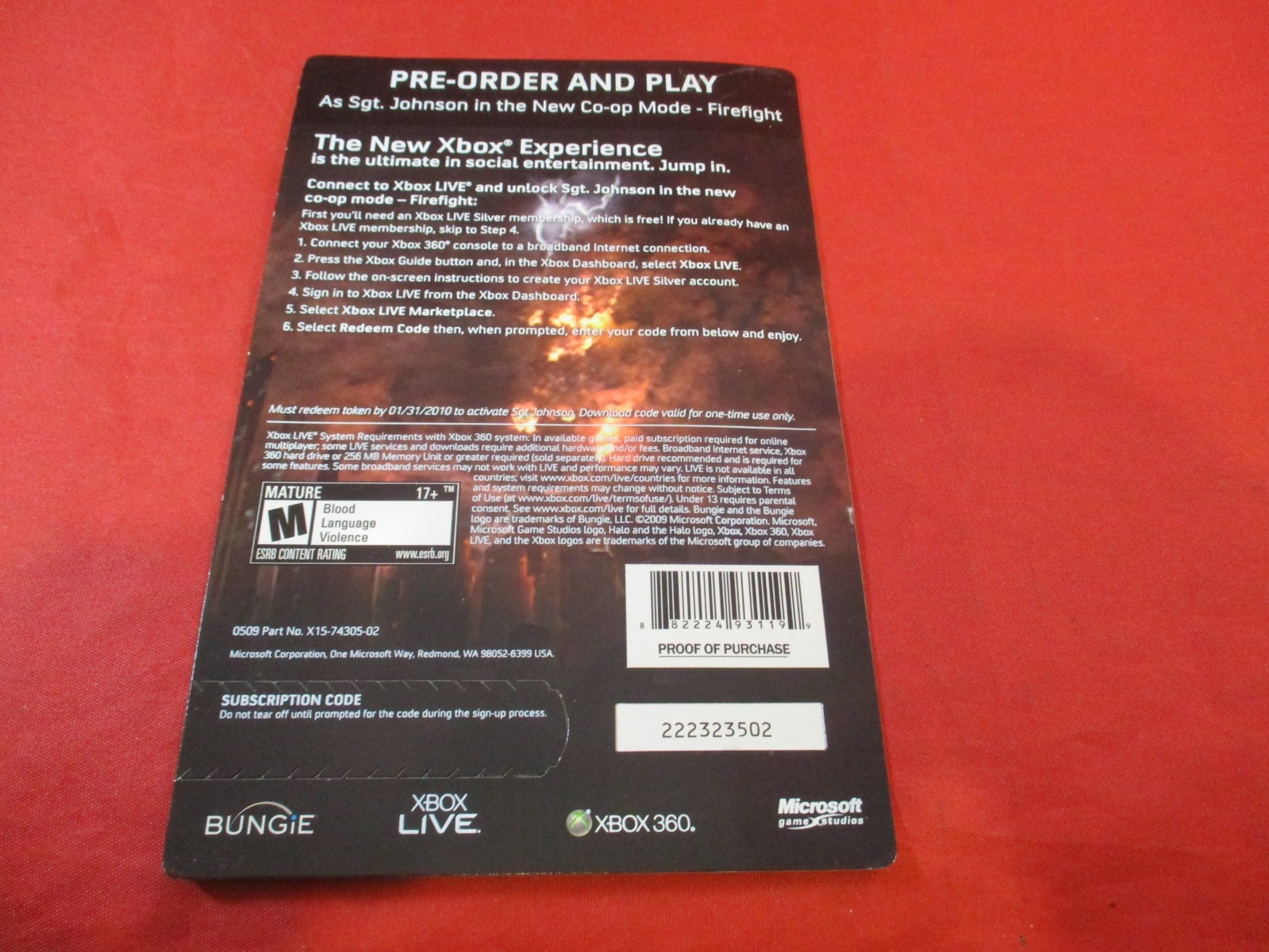 Halo 3 ODST Sgt. Johnson Xbox 360 Xbox Live Pre-Order Promo Sheet **EXPIRED**