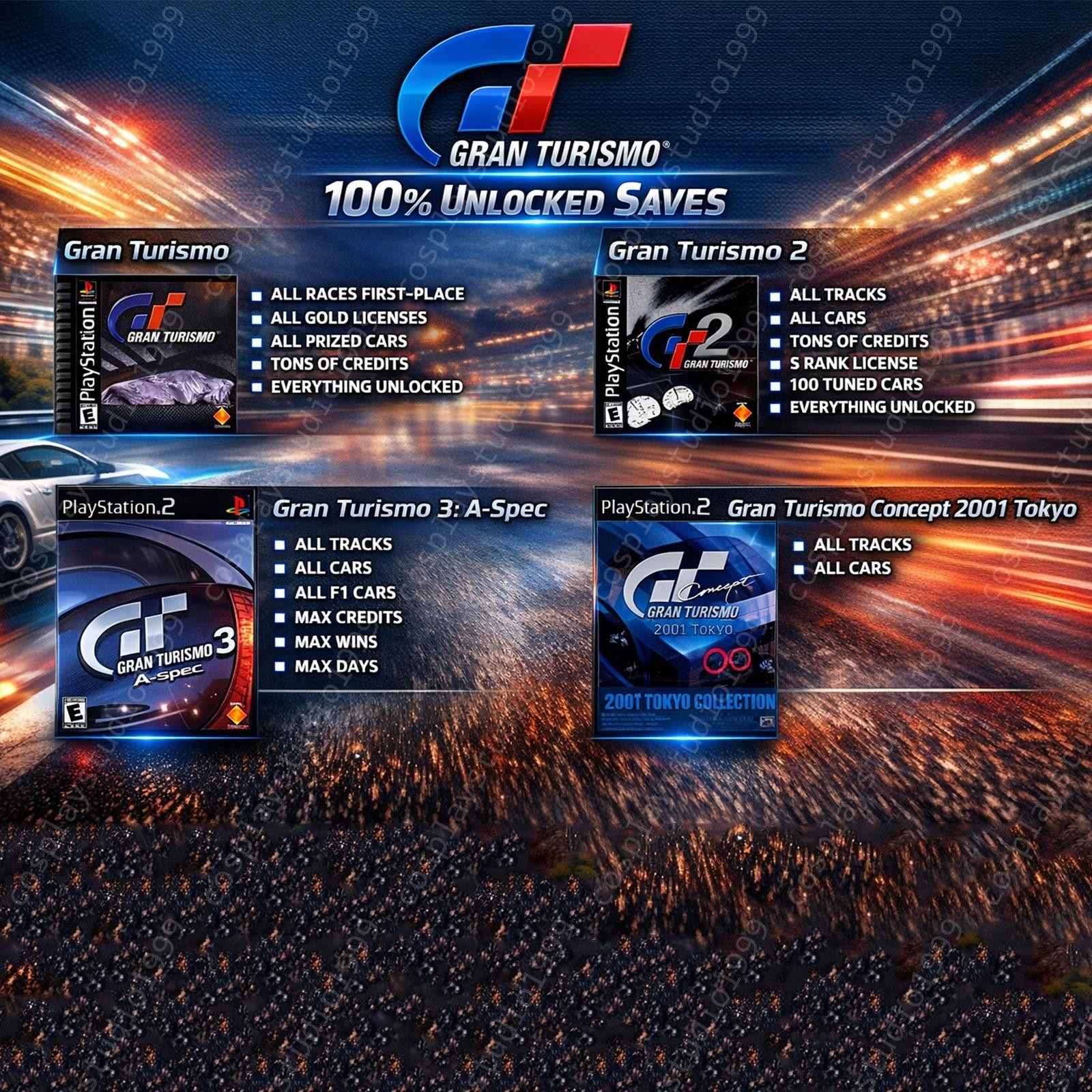 Gran Turismo 1 2 3 4 PlayStation 2 100% Unlock! All Cars! Tracks PS1 PS2