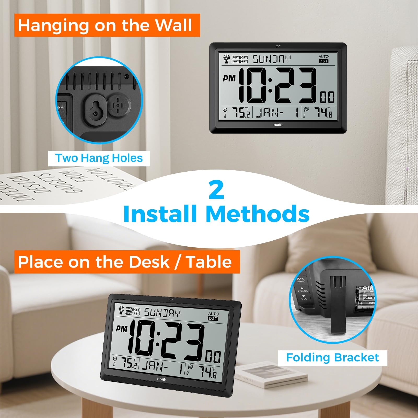 HODIK Wall Clock Atomic with Indoor Outdoor Temperature 9*5.9*1.1 in, Black