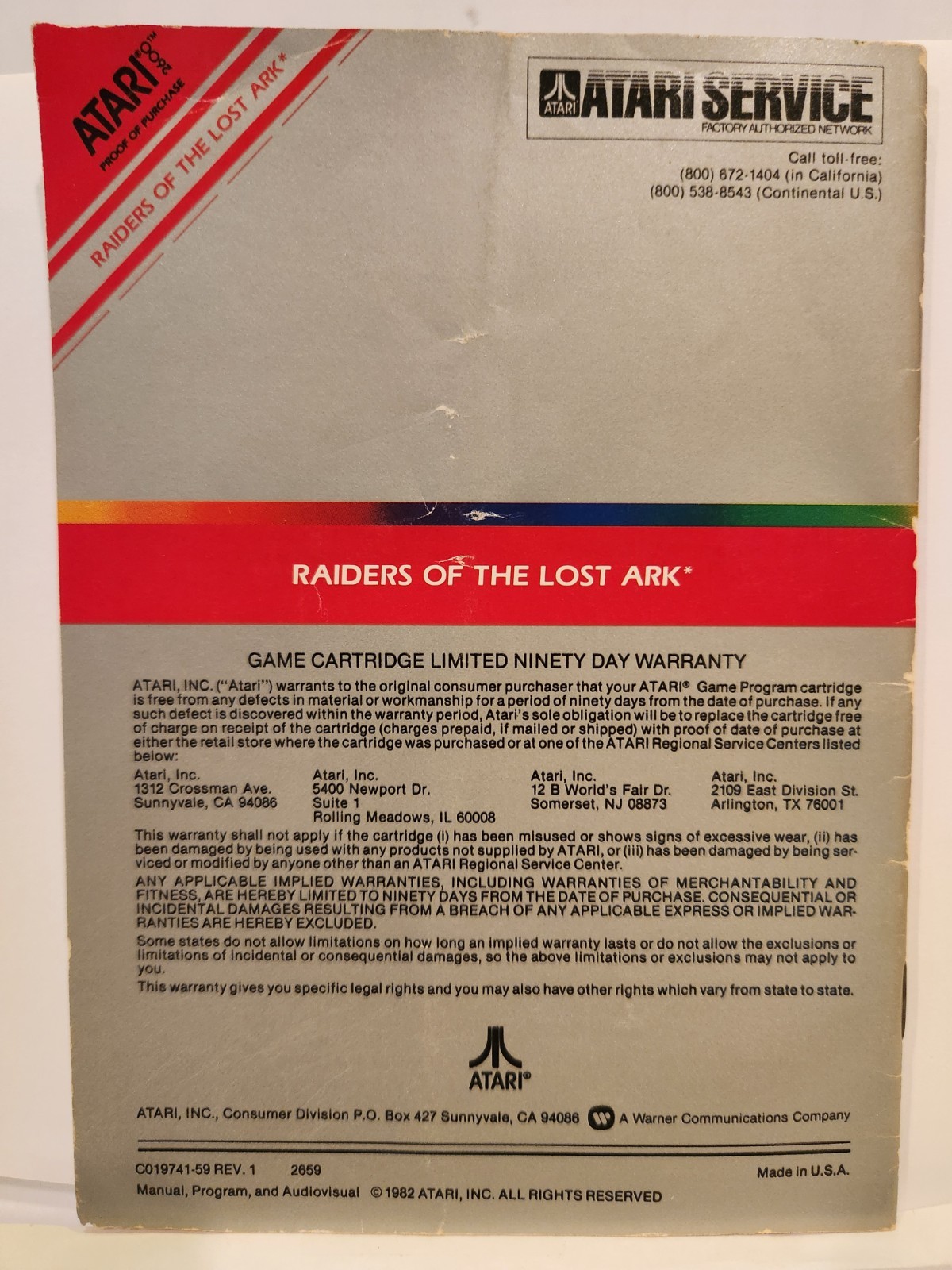 Atari 2600 Raiders of the Lost Ark (1982) Cartridge with Manual – Tested