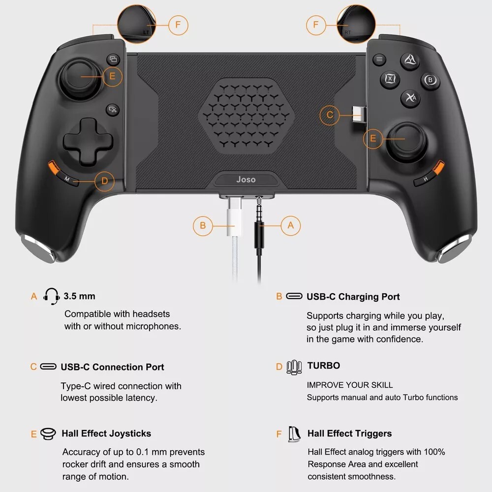 Joso Phone Controller for iPhone 15/16 & Android: Hall Effect Joysticks, Mappabl