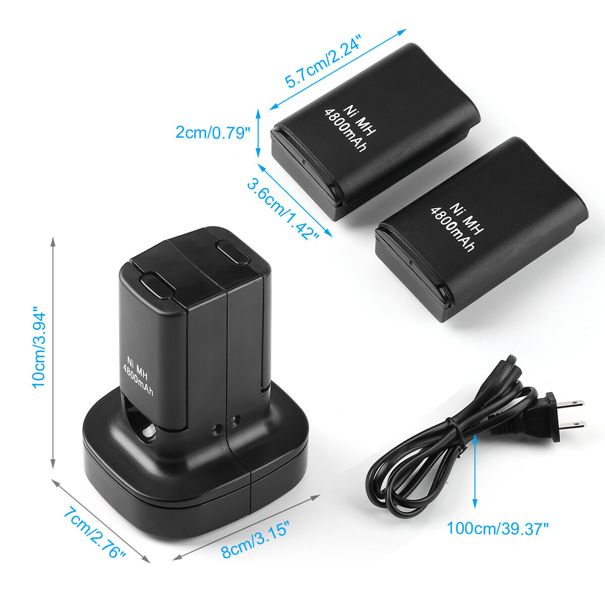 2 Battery Pack & Charger Dock For Microsoft Xbox 360 Wireless Controller Black