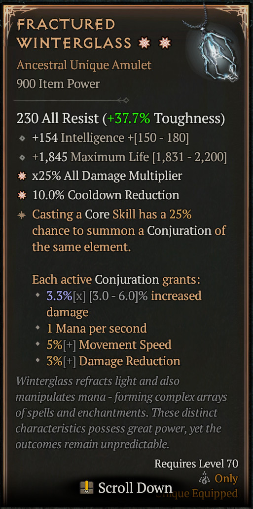 😈 DIABLO 4 SEASON 13 😈 Fractured Winterglass 🔥 Ancestral Unique Amulet 0-4 GA