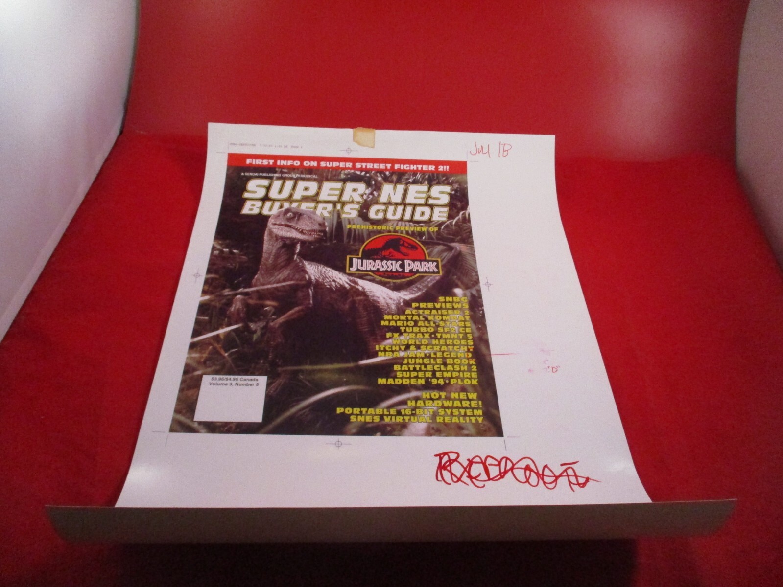 Super NES Buyer’s Guide Magazine Prototype Sheet Jurassic Park Nintendo SNES