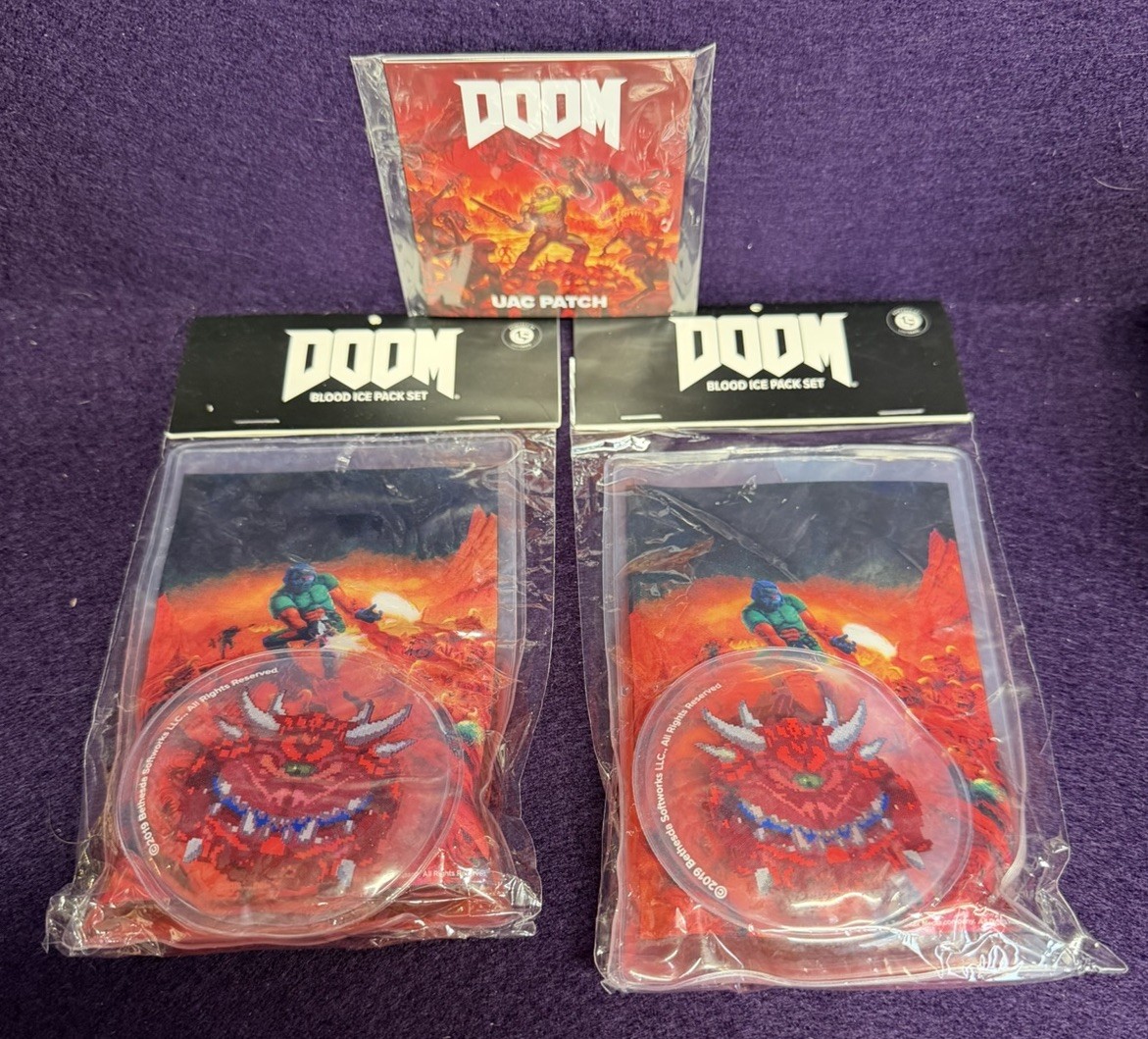 Lot of 3 LC DOOM UAC Union Aerospace Patch & x2 Blood Ice Pack Sets Cacodemon
