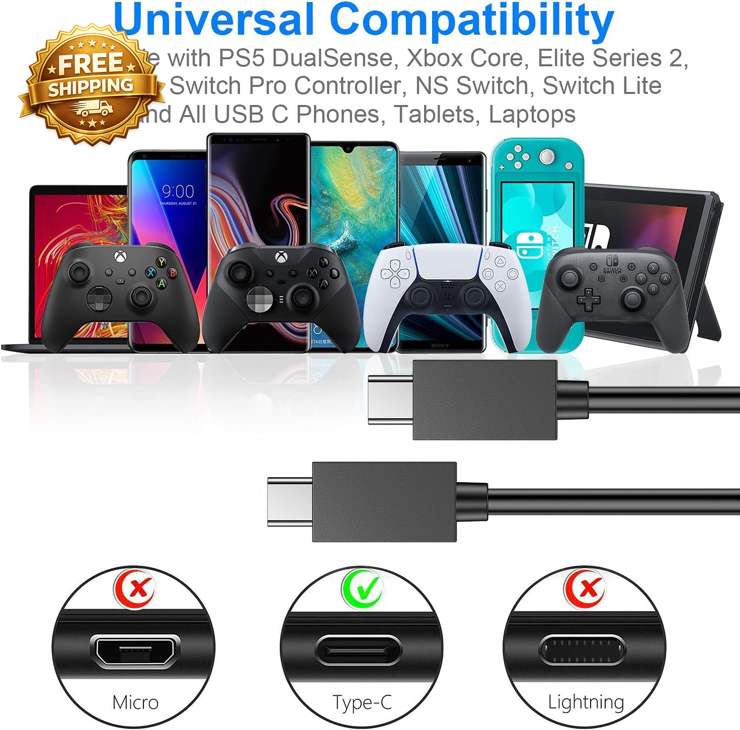 PS5 Controller Charger 2 Pack 5FT OEM Original 3A Fast Charging Cable USB C