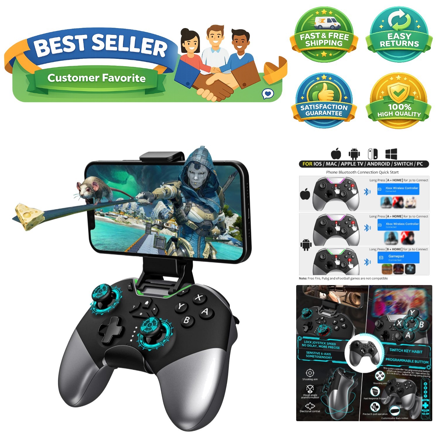Bluetooth Controller for Switch/PC/iPhone/Android/Apple Arcade MFi Games/TV/S…