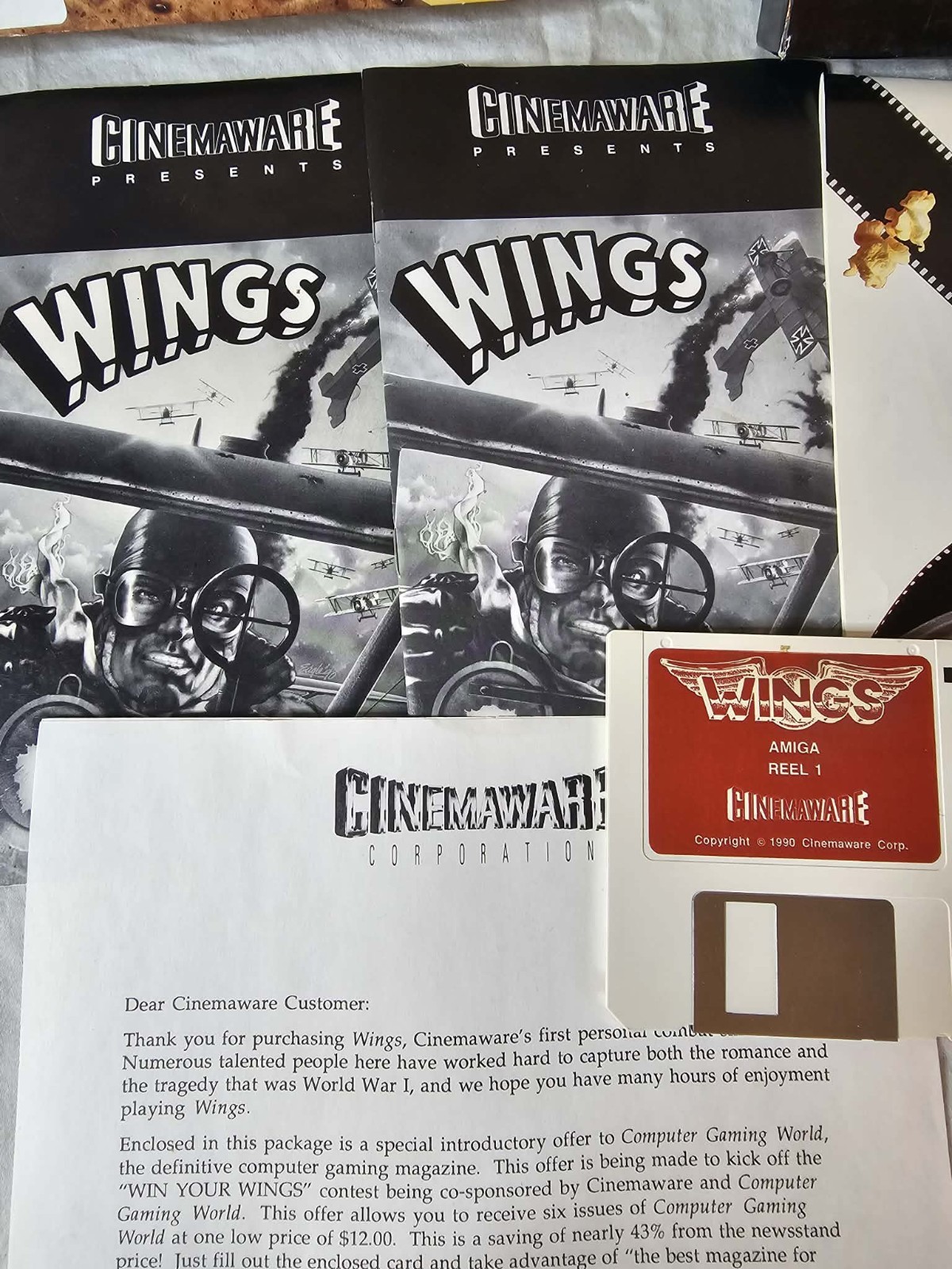 Vintage Cinemaware Wings Video Game Commodore AMIGA WWI Flight Sim 1990 Complete