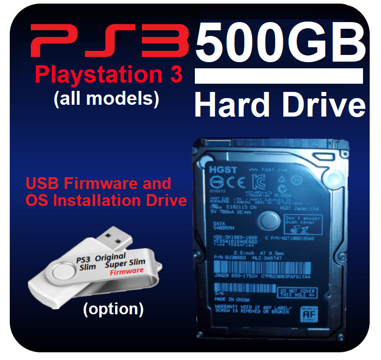PS3 Original, Slim, Super SIim Internal Hard Drive 500GB w USB Firmware Option
