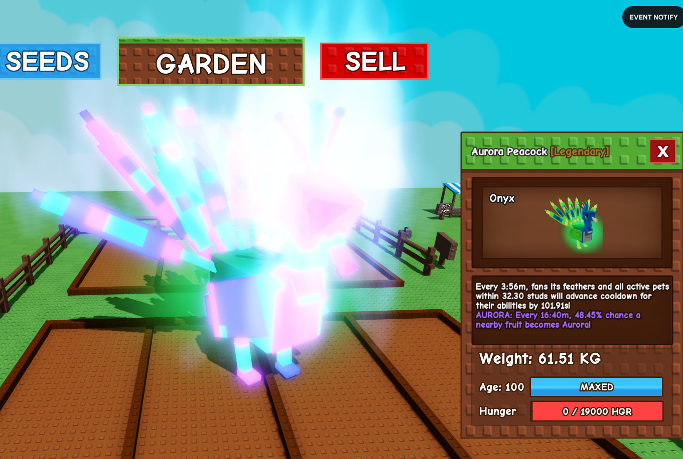 Huge Aurora Peacock 61.51Kg! – Grow A Garden Pets – Roblox – Fast & Easy!