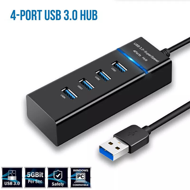 USB 3.0 Hub 4-Port Adapter Charger Data Super Speed For PC Mac Laptop Desktop