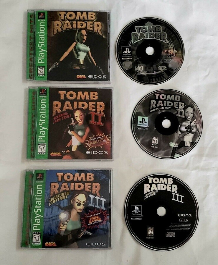 Sony PlayStation 1 PS1 Console TOMB RAIDER 1-2-3 & 2 Controllers & Game Bundle