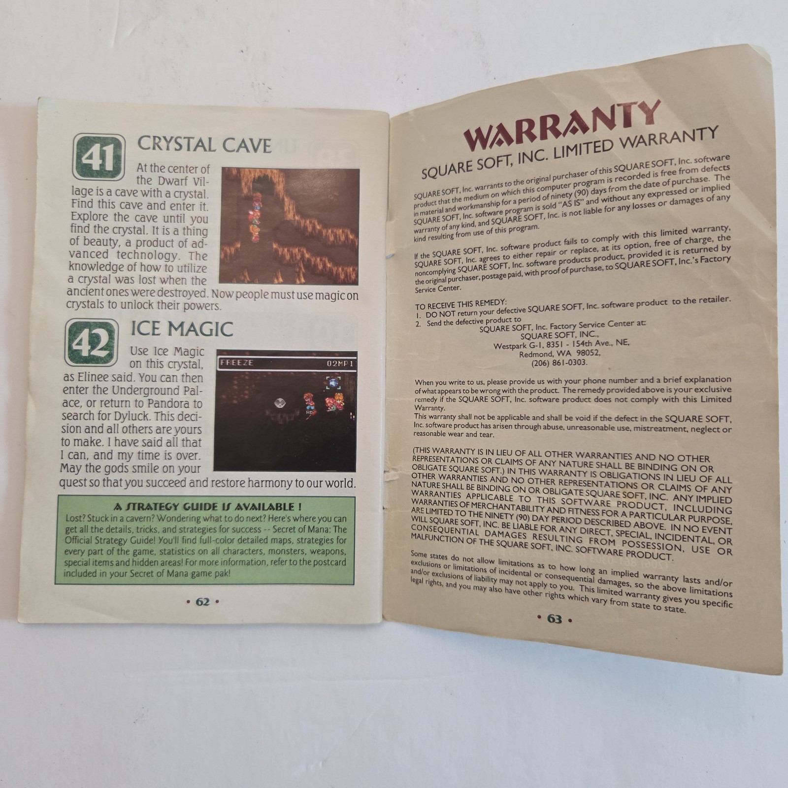 Secret of Mana SNES Super Nintendo, Instruction Manual Book Only