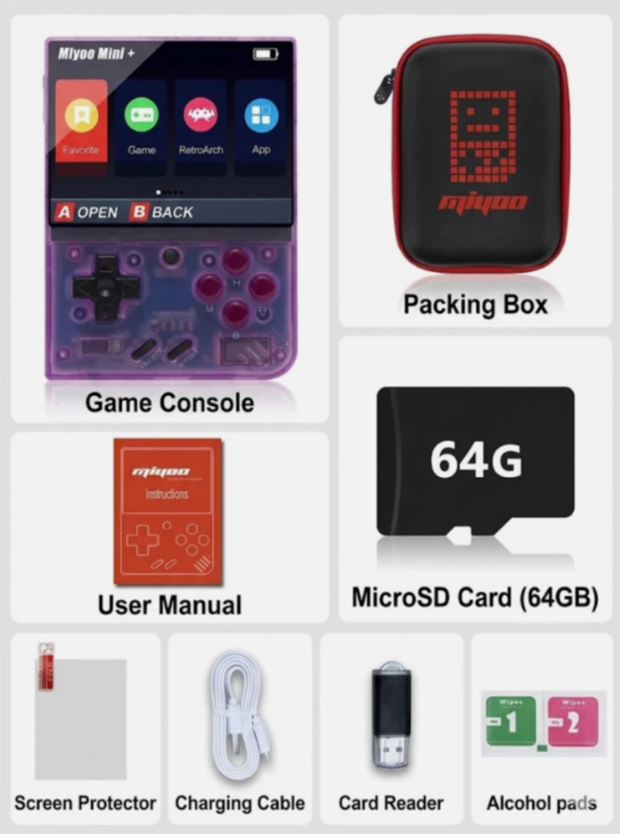 Miyoo Mini Plus Purple 64GB 3.5″ IPS Retro Handheld Console OnionOS WiFi + Case