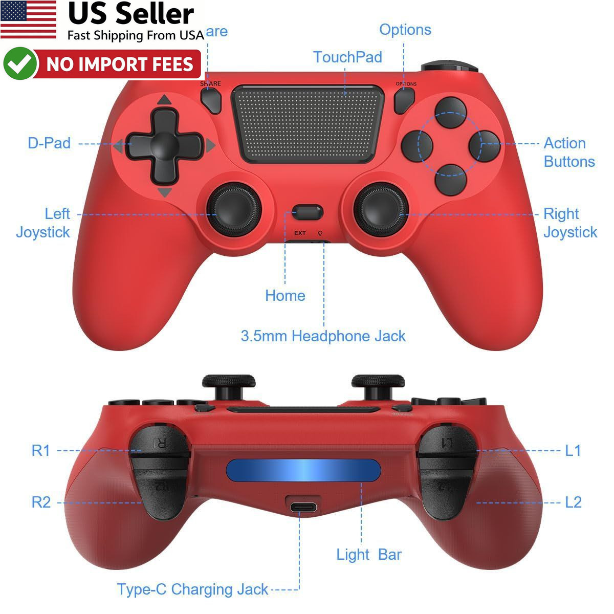 Wuthur 2 Pack Wireless Controller For PS4 Pro Slim Purple Red Gamepad FROM USA