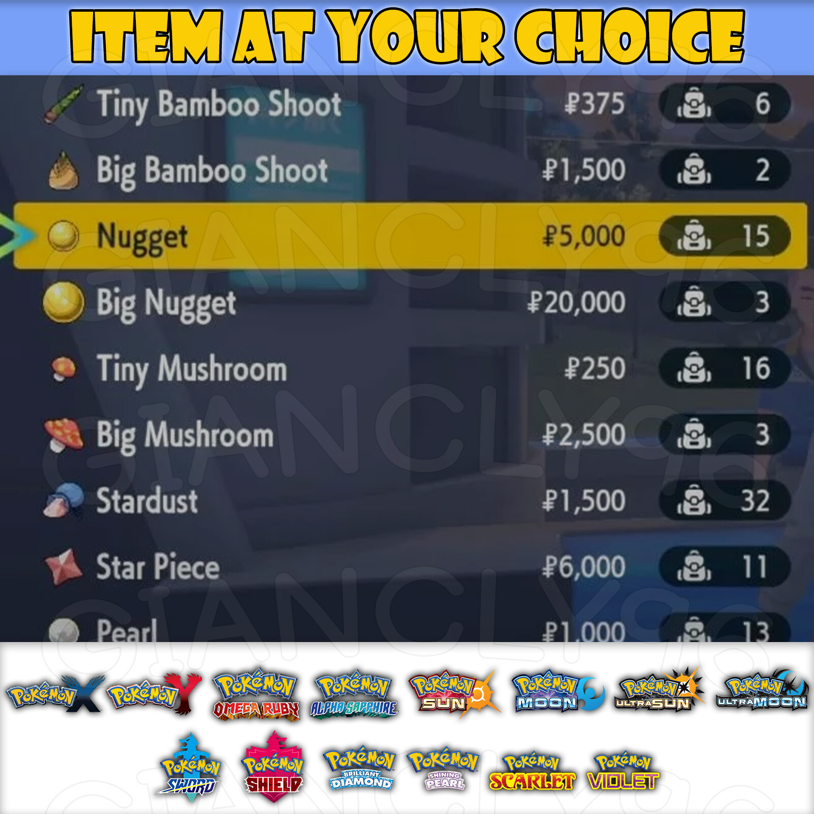 Item: Any item for Pokémon XY ORAS SM USUM SWSH BDSP SV