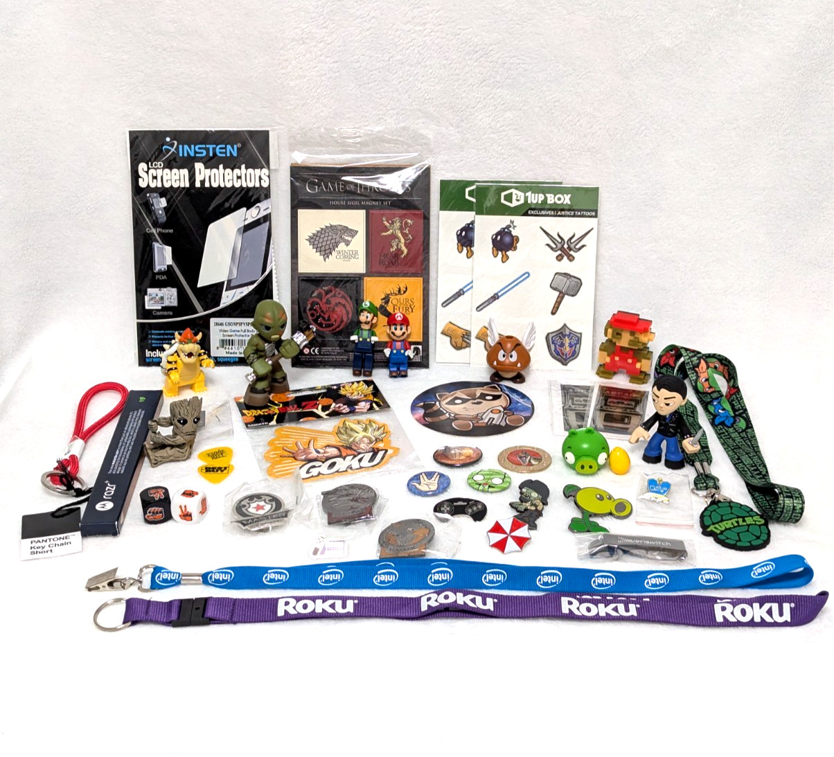 Gaming Collectibles Lot Nintendo Fallout Funko Pins Figures Lanyards Stickers