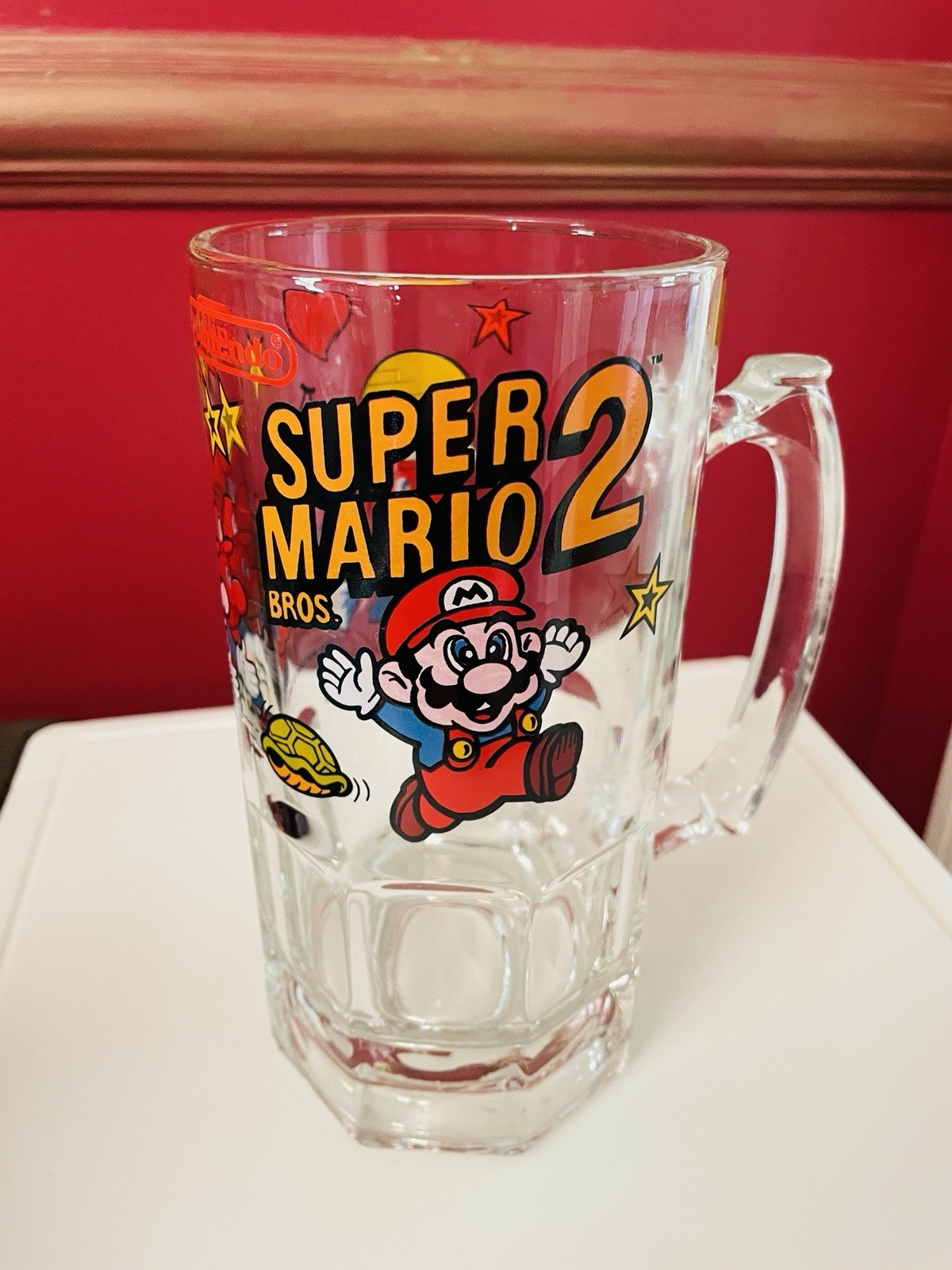 Nintendo Super Mario Bros 1989 Vntge Beer Stein Mug Glass Original Oversized 8″