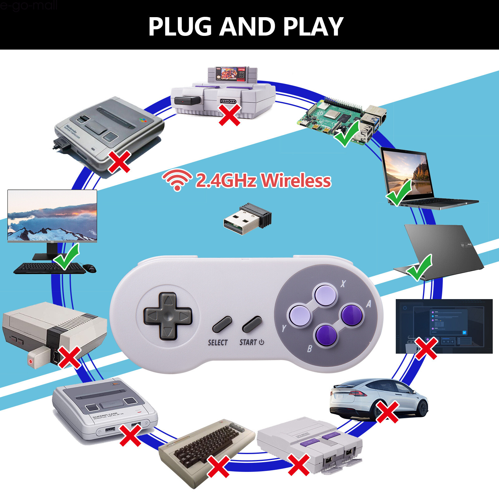 2Pack 2.4G Wireless NES USB Controller for PC Windows MAC iOS Raspberry Pi USB