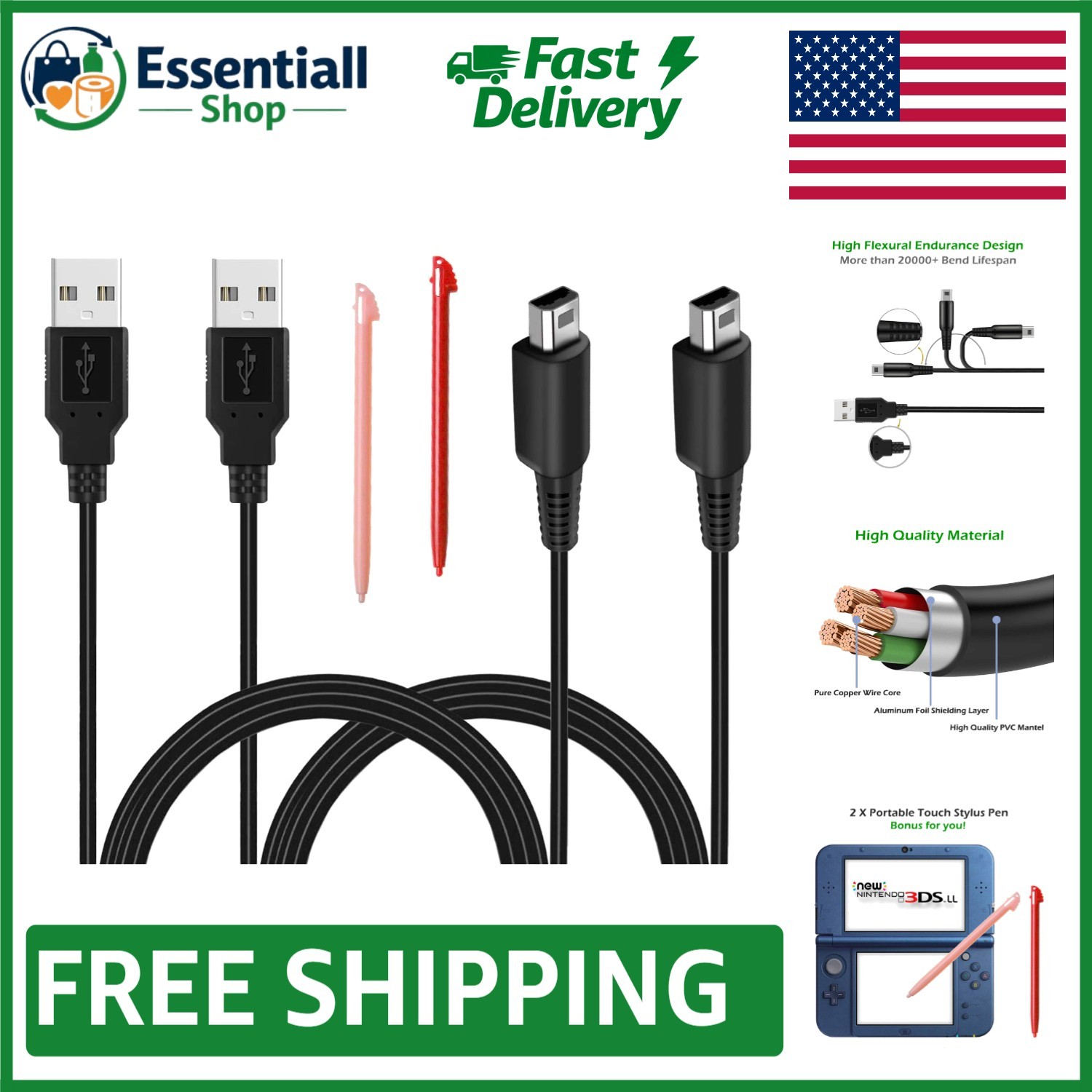 Extra Long 3.9ft USB Charger for Nintendo 3DS/2DS – 2 Pack with Stylus Included