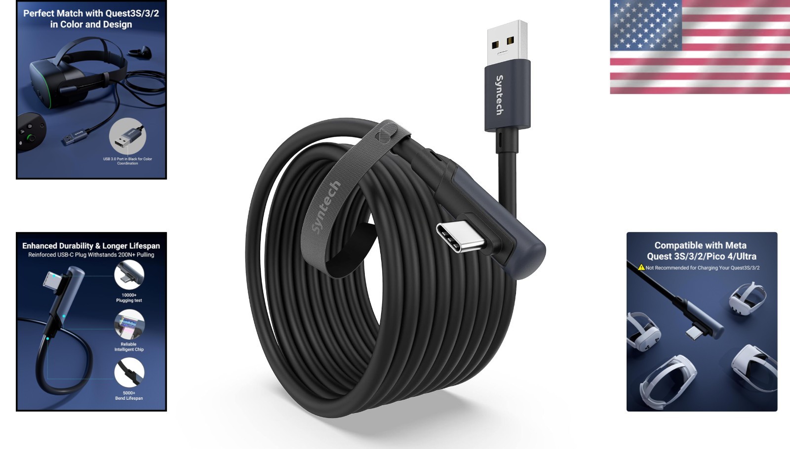 Comfortable 16 FT USB 3.0 VR Link Cable with L-Shaped Connector for Oculus/Meta