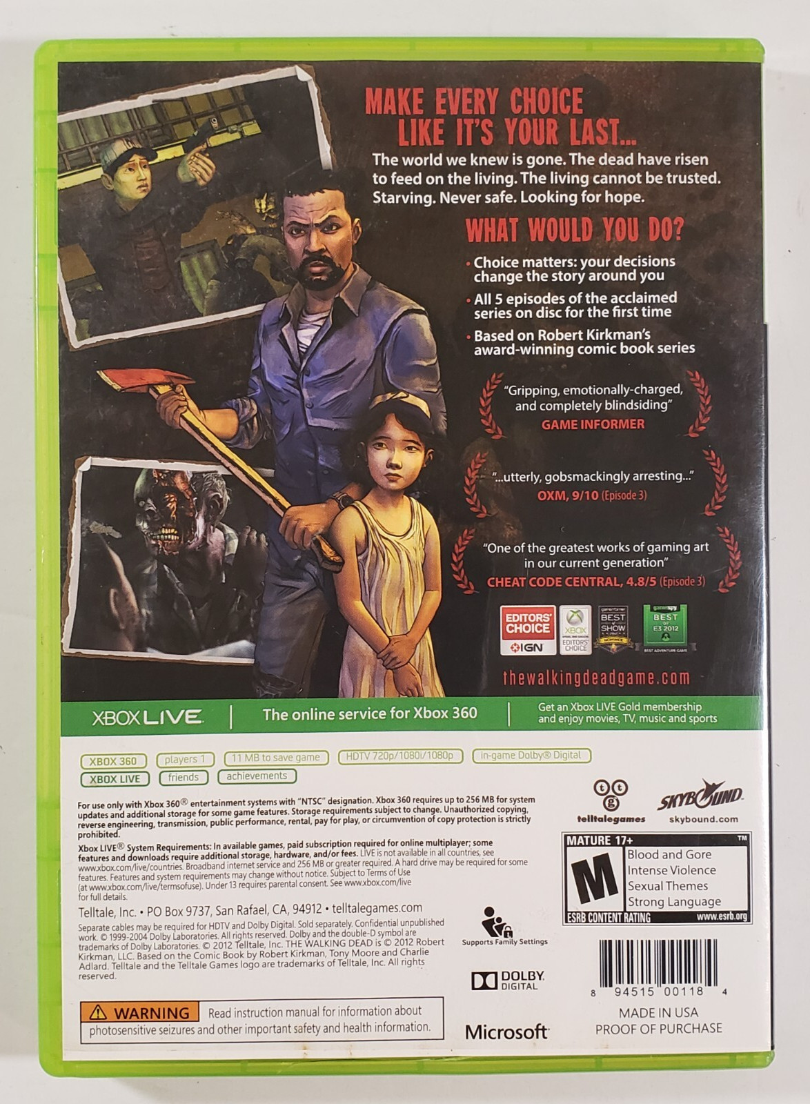 Walking Dead: A Telltale Games Series (Microsoft Xbox 360, 2012) CIB Complete