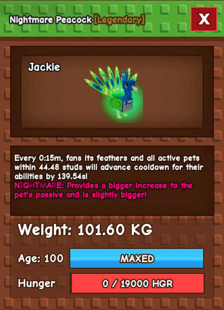 Nightmare Peacock 100+Kg – 15 Seconds Cooldown