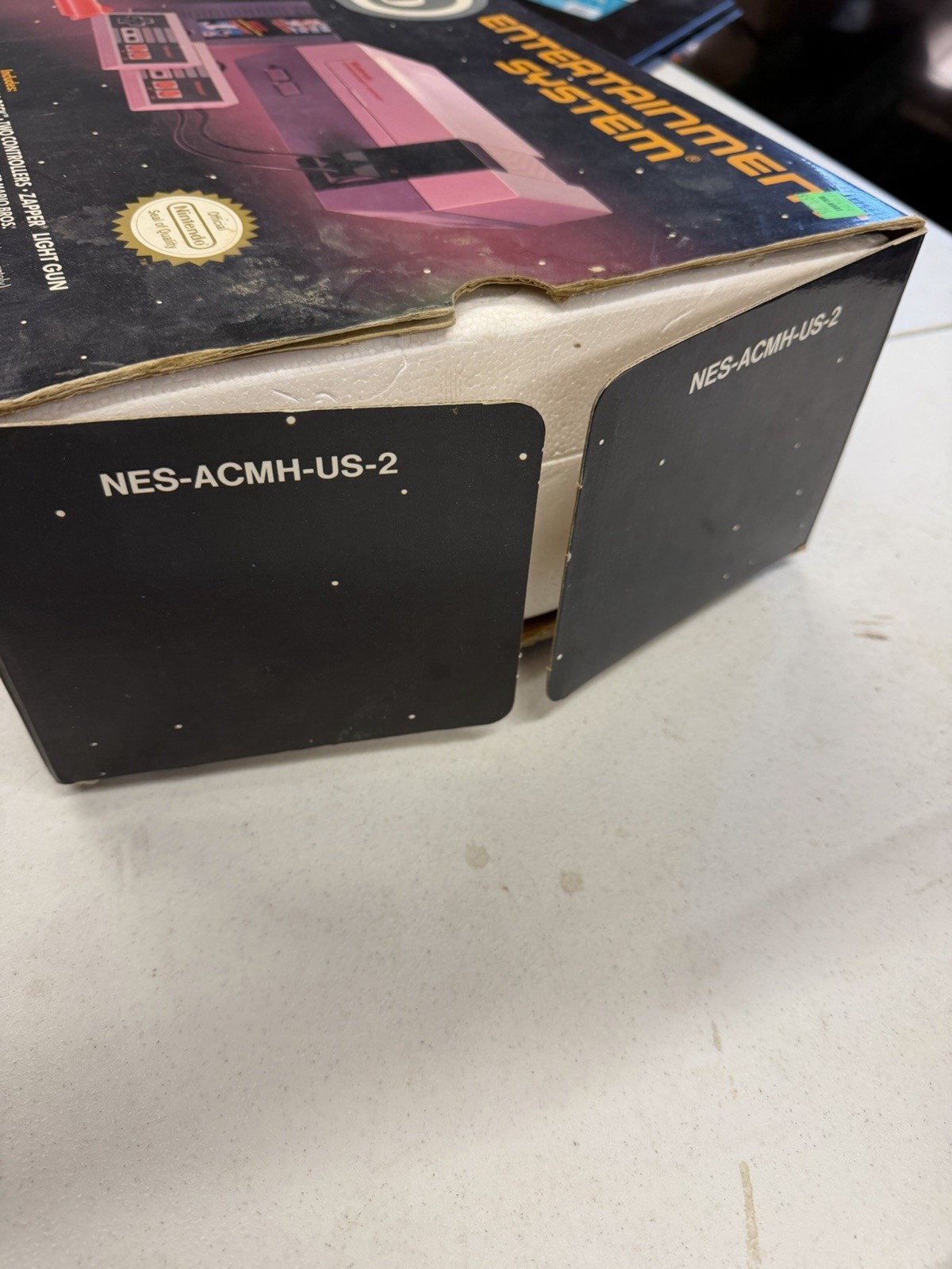 NES Action Set Box with Styrofoam, Console, Controllers, Hookups.