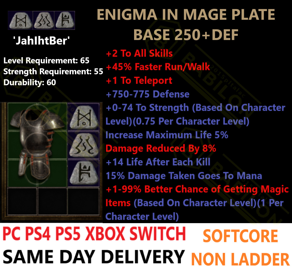✅ PC PS4 PS5 XBOX SWITCH✅ Enigma Mage Plate 1k+d Diablo 2 Resurrected Items D2R