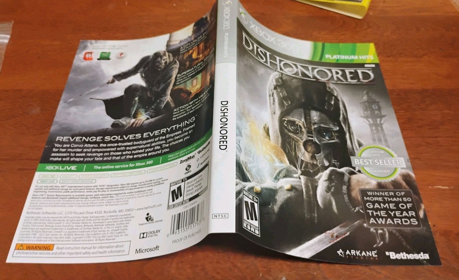 Dishonored (PH) (Microsoft Xbox 360, 2012) Cover Art Only
