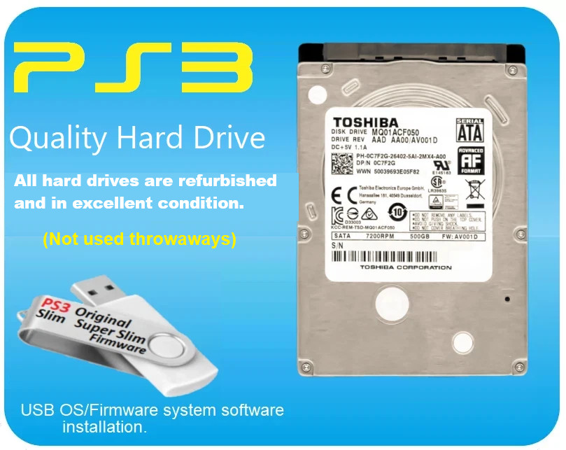 PS3 500GB Internal Hard Drive Playstation 3 Slim, Super Slim & Original USB Firm