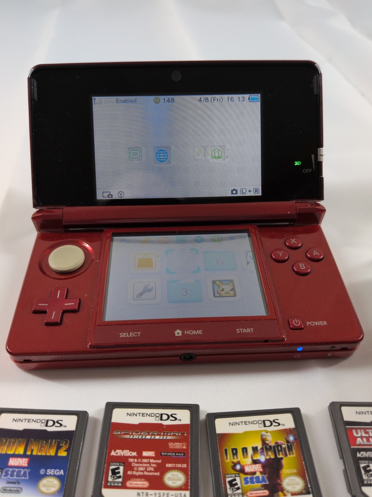 Nintendo 3DS Flame Red Handheld Console System CTR-001 & 4 Super Hero Game Lot