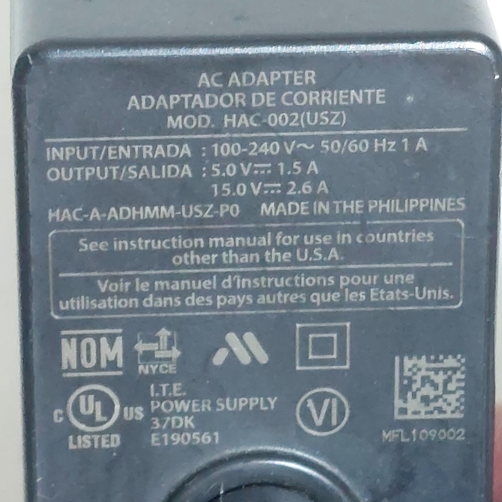 Nintendo Switch Charger AC Adapter Model HAC-002 (USZ) Genuine