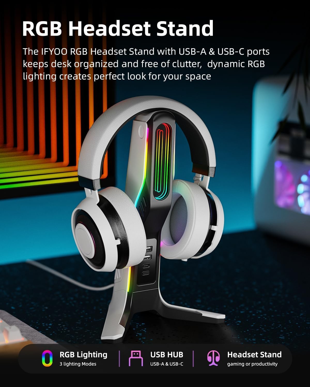 RGB Gaming Headset Stand with 2 USB and 1 C Ports Game Headphone Mount for PC
