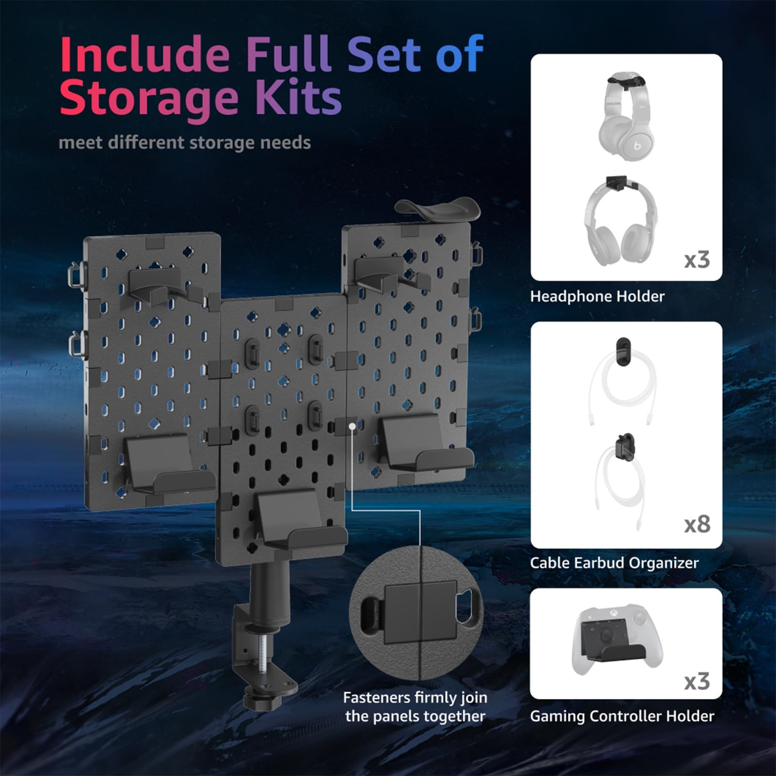 3 PCS Modular Headphone Controller Holder ClampOn Pegboard Black
