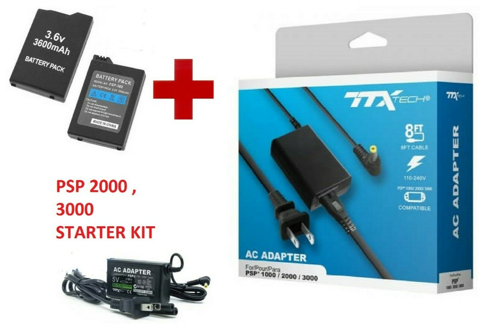 Replace 3.6V 3600 MAh Battery + 5V AC Adapter Charger for Sony PSP 2000, 3000